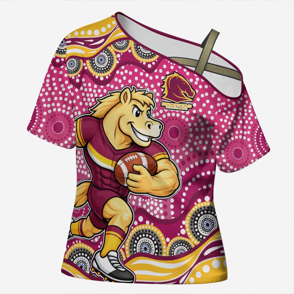 Brisbane Broncos Cross Shoulder Shirt Aboriginal Dot Pattern - Rugby Mascot Heritage Pride