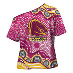 Brisbane Broncos Cross Shoulder Shirt Aboriginal Dot Pattern - Rugby Mascot Heritage Pride