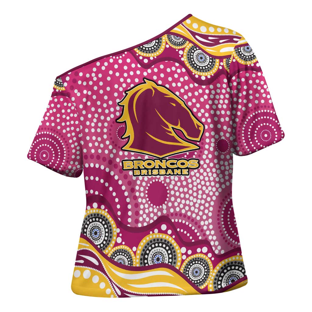 Brisbane Broncos Cross Shoulder Shirt Aboriginal Dot Pattern - Rugby Mascot Heritage Pride