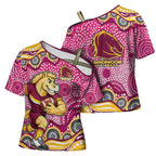 Brisbane Broncos Cross Shoulder Shirt Aboriginal Dot Pattern - Rugby Mascot Heritage Pride