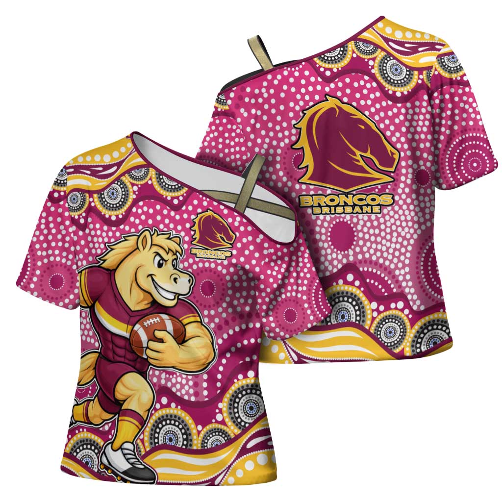 Brisbane Broncos Cross Shoulder Shirt Aboriginal Dot Pattern - Rugby Mascot Heritage Pride