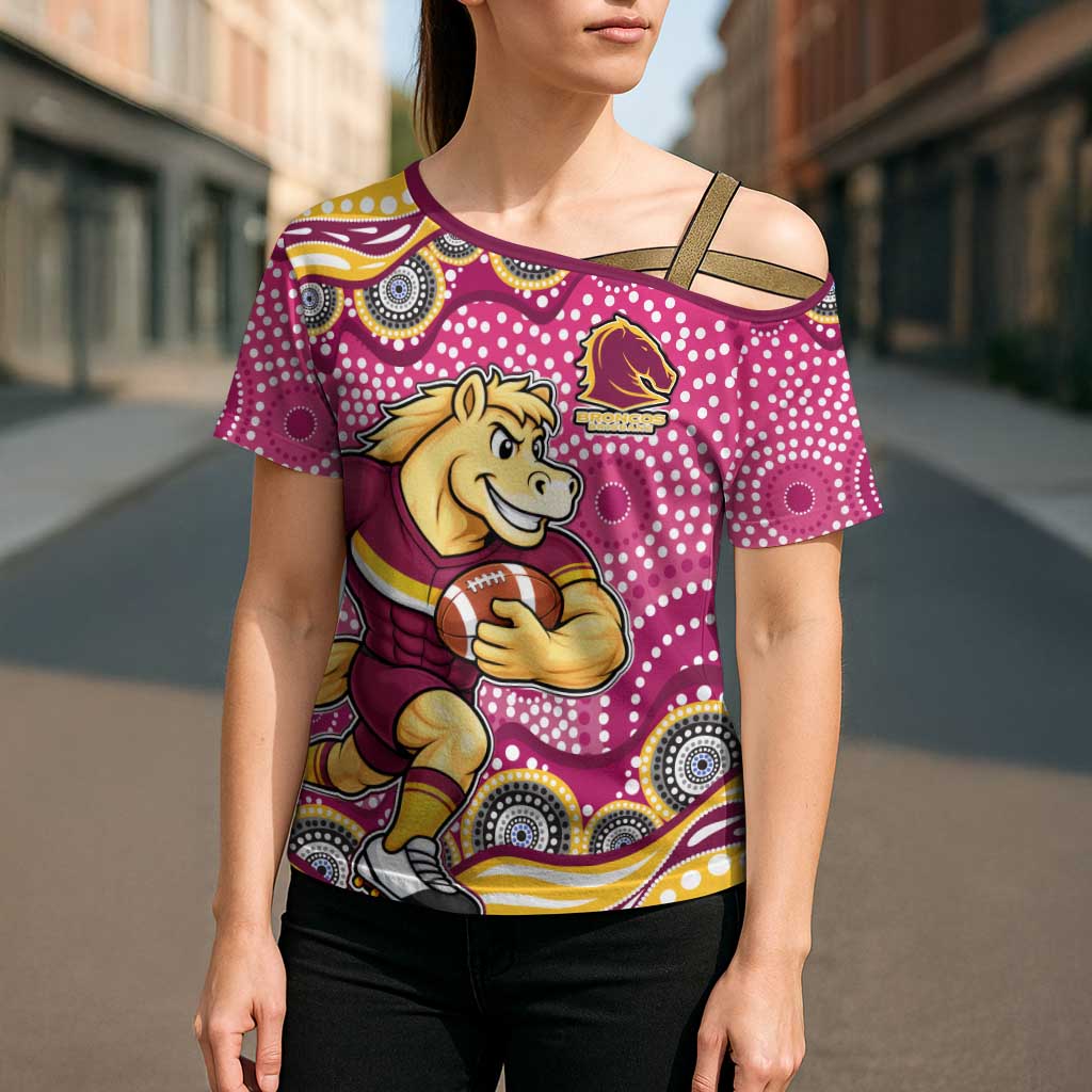 Brisbane Broncos Cross Shoulder Shirt Aboriginal Dot Pattern - Rugby Mascot Heritage Pride