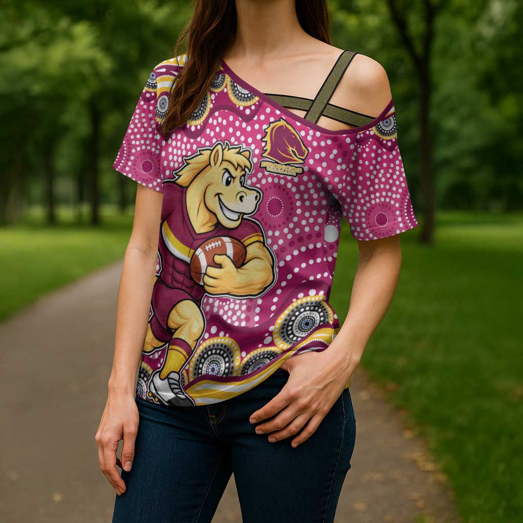 Brisbane Broncos Cross Shoulder Shirt Aboriginal Dot Pattern - Rugby Mascot Heritage Pride