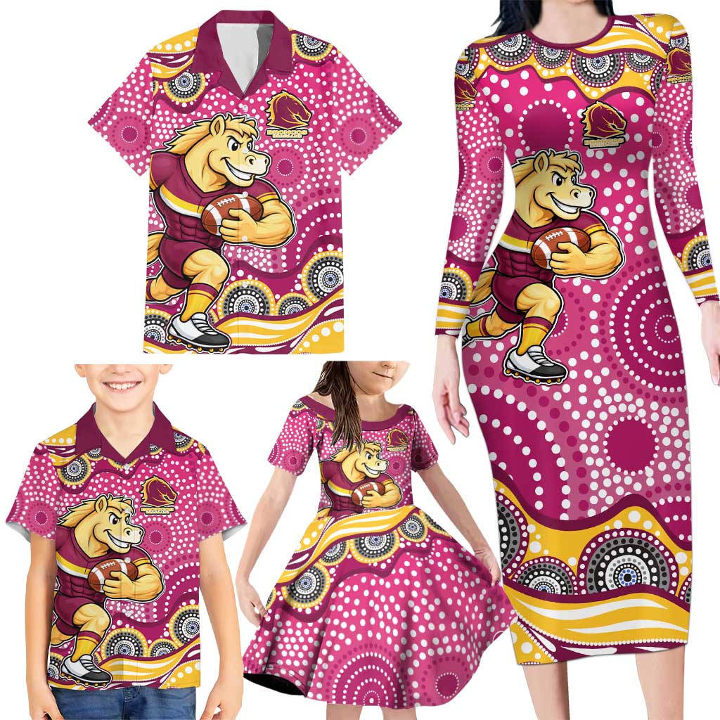 Brisbane Broncos Family Matching Long Sleeve Bodycon Dress and Hawaiian Shirt Aboriginal Dot Pattern - Rugby Mascot Heritage Pride