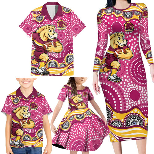 Brisbane Broncos Family Matching Long Sleeve Bodycon Dress and Hawaiian Shirt Aboriginal Dot Pattern - Rugby Mascot Heritage Pride