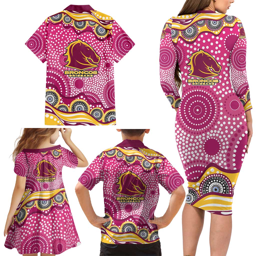 Brisbane Broncos Family Matching Long Sleeve Bodycon Dress and Hawaiian Shirt Aboriginal Dot Pattern - Rugby Mascot Heritage Pride