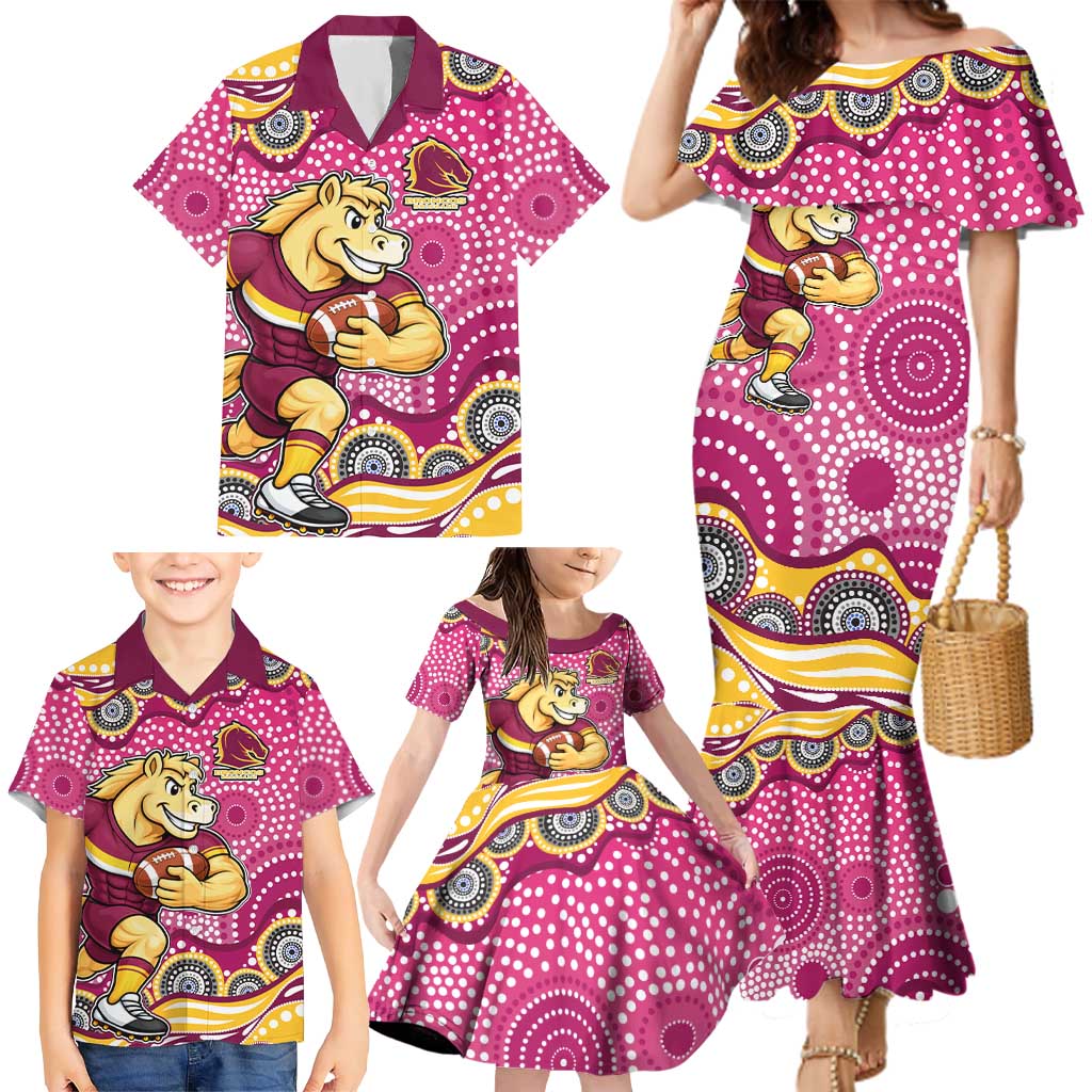 Brisbane Broncos Family Matching Mermaid Dress and Hawaiian Shirt Aboriginal Dot Pattern - Rugby Mascot Heritage Pride