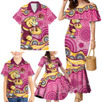 Brisbane Broncos Family Matching Mermaid Dress and Hawaiian Shirt Aboriginal Dot Pattern - Rugby Mascot Heritage Pride