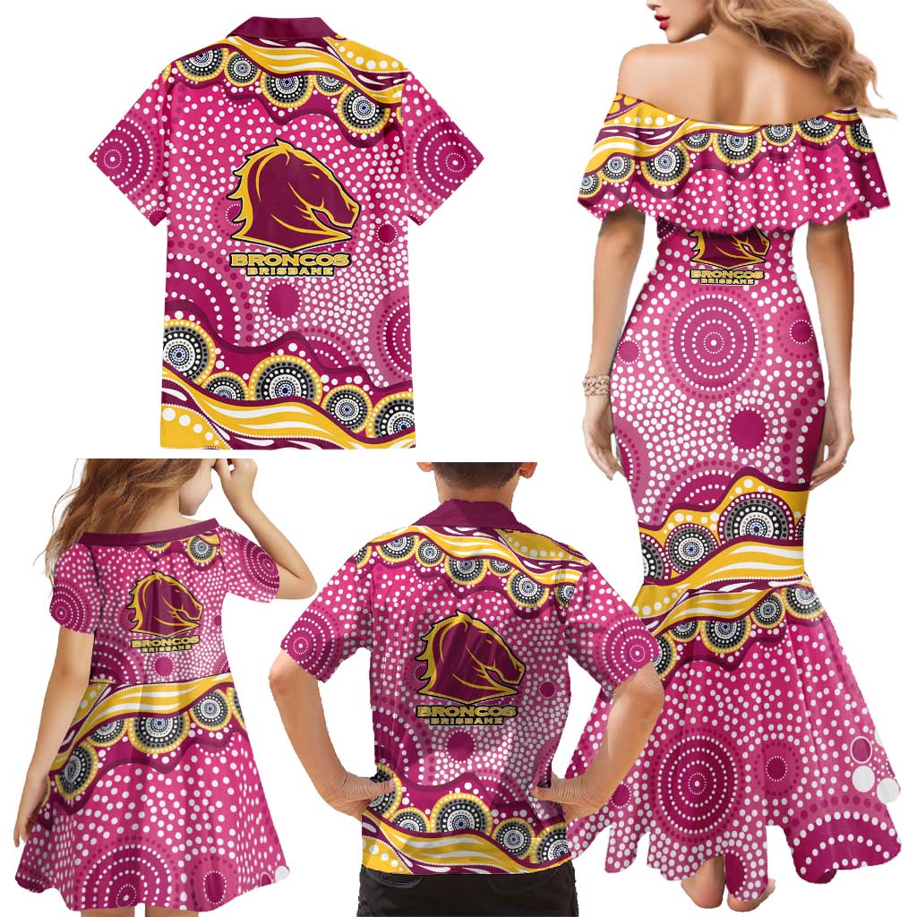Brisbane Broncos Family Matching Mermaid Dress and Hawaiian Shirt Aboriginal Dot Pattern - Rugby Mascot Heritage Pride