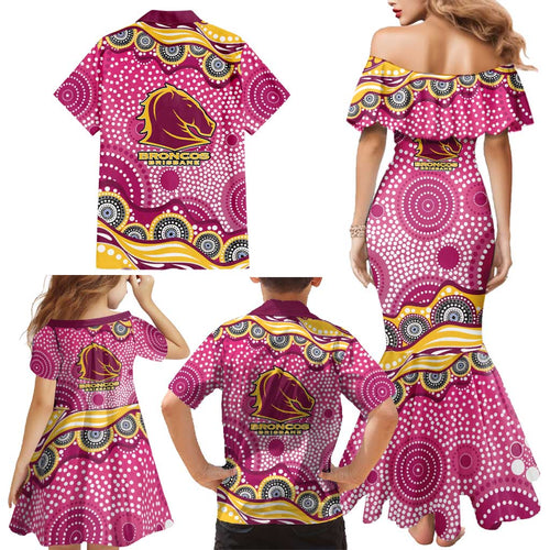 Brisbane Broncos Family Matching Mermaid Dress and Hawaiian Shirt Aboriginal Dot Pattern - Rugby Mascot Heritage Pride