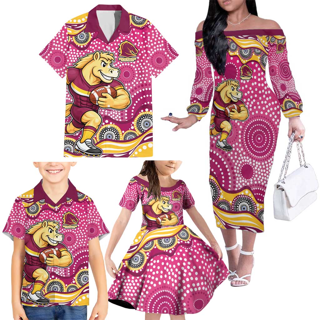 Brisbane Broncos Family Matching Off The Shoulder Long Sleeve Dress and Hawaiian Shirt Aboriginal Dot Pattern - Rugby Mascot Heritage Pride