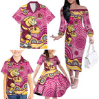 Brisbane Broncos Family Matching Off The Shoulder Long Sleeve Dress and Hawaiian Shirt Aboriginal Dot Pattern - Rugby Mascot Heritage Pride