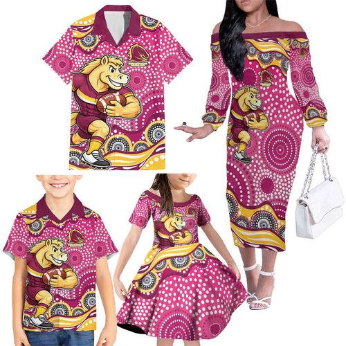 Brisbane Broncos Family Matching Off The Shoulder Long Sleeve Dress and Hawaiian Shirt Aboriginal Dot Pattern - Rugby Mascot Heritage Pride