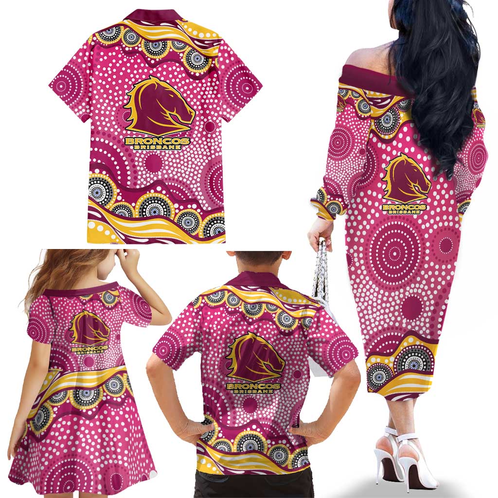 Brisbane Broncos Family Matching Off The Shoulder Long Sleeve Dress and Hawaiian Shirt Aboriginal Dot Pattern - Rugby Mascot Heritage Pride