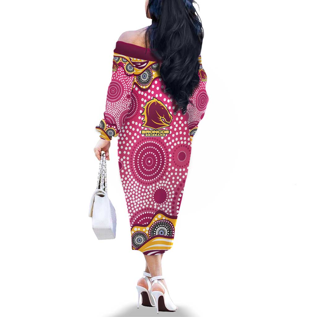 Brisbane Broncos Family Matching Off The Shoulder Long Sleeve Dress and Hawaiian Shirt Aboriginal Dot Pattern - Rugby Mascot Heritage Pride