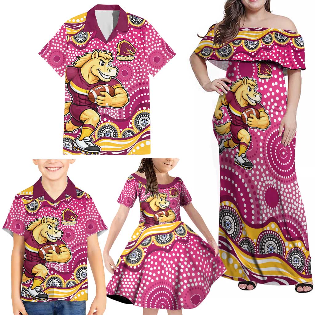 Brisbane Broncos Family Matching Off Shoulder Maxi Dress and Hawaiian Shirt Aboriginal Dot Pattern - Rugby Mascot Heritage Pride