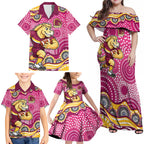 Brisbane Broncos Family Matching Off Shoulder Maxi Dress and Hawaiian Shirt Aboriginal Dot Pattern - Rugby Mascot Heritage Pride