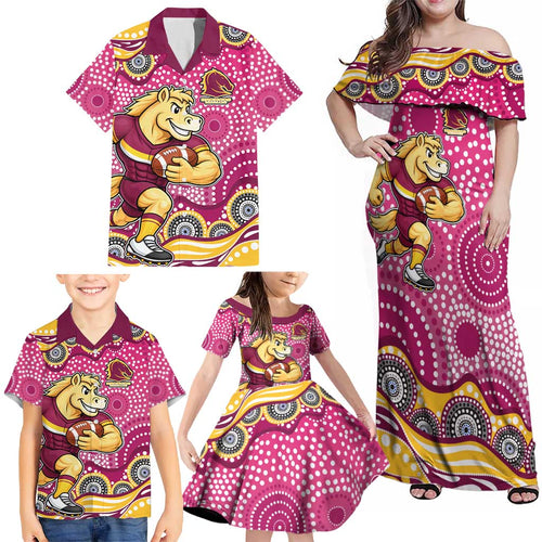Brisbane Broncos Family Matching Off Shoulder Maxi Dress and Hawaiian Shirt Aboriginal Dot Pattern - Rugby Mascot Heritage Pride