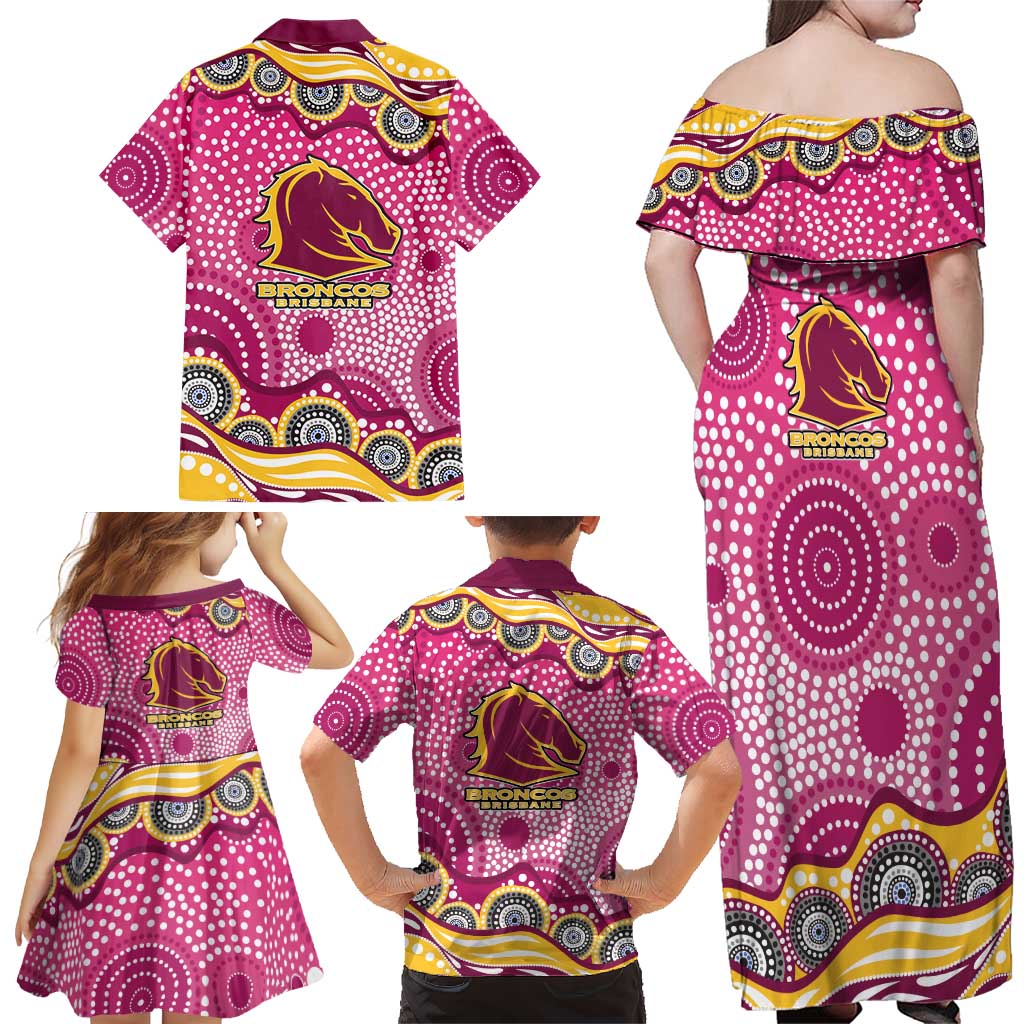 Brisbane Broncos Family Matching Off Shoulder Maxi Dress and Hawaiian Shirt Aboriginal Dot Pattern - Rugby Mascot Heritage Pride