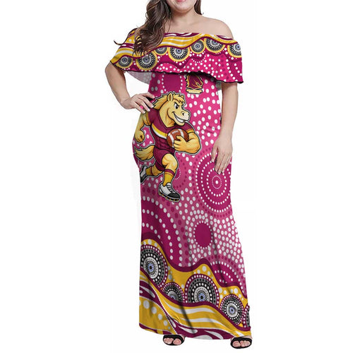 Brisbane Broncos Family Matching Off Shoulder Maxi Dress and Hawaiian Shirt Aboriginal Dot Pattern - Rugby Mascot Heritage Pride