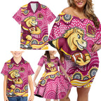 Brisbane Broncos Family Matching Off Shoulder Short Dress and Hawaiian Shirt Aboriginal Dot Pattern - Rugby Mascot Heritage Pride