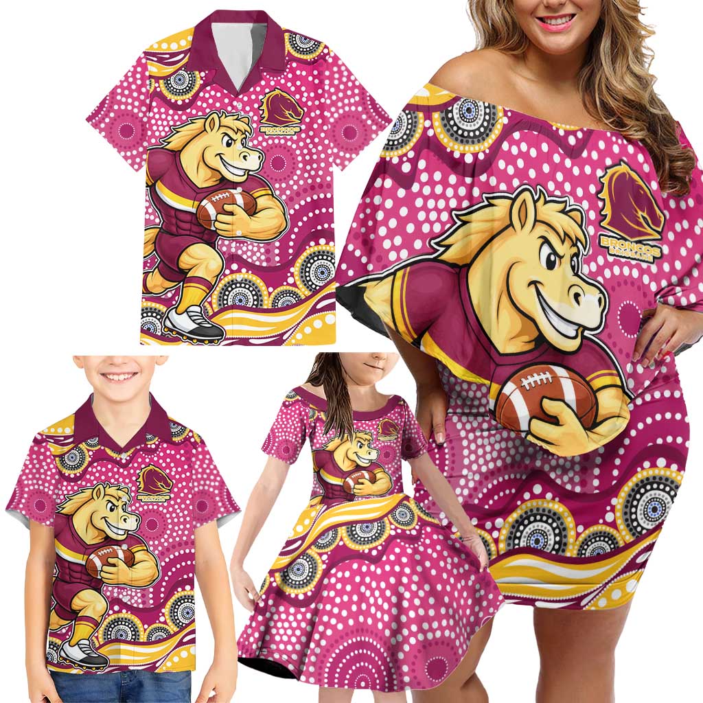 Brisbane Broncos Family Matching Off Shoulder Short Dress and Hawaiian Shirt Aboriginal Dot Pattern - Rugby Mascot Heritage Pride