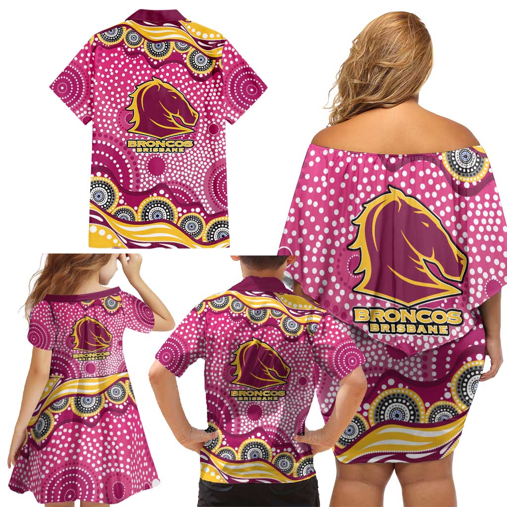 Brisbane Broncos Family Matching Off Shoulder Short Dress and Hawaiian Shirt Aboriginal Dot Pattern - Rugby Mascot Heritage Pride