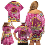 Brisbane Broncos Family Matching Off Shoulder Short Dress and Hawaiian Shirt Aboriginal Dot Pattern - Rugby Mascot Heritage Pride