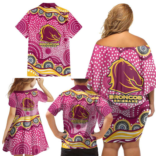 Brisbane Broncos Family Matching Off Shoulder Short Dress and Hawaiian Shirt Aboriginal Dot Pattern - Rugby Mascot Heritage Pride