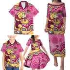 Brisbane Broncos Family Matching Puletasi and Hawaiian Shirt Aboriginal Dot Pattern - Rugby Mascot Heritage Pride