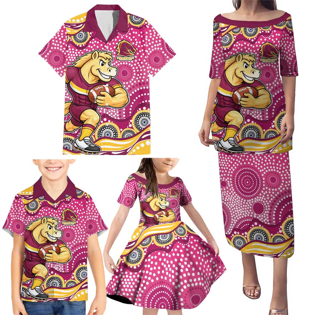 Brisbane Broncos Family Matching Puletasi and Hawaiian Shirt Aboriginal Dot Pattern - Rugby Mascot Heritage Pride