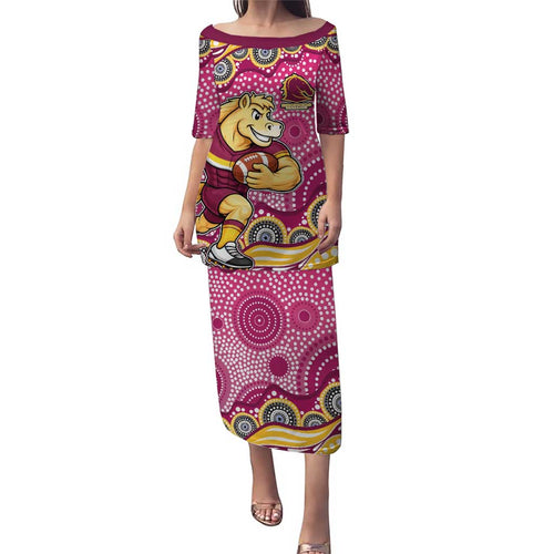 Brisbane Broncos Family Matching Puletasi and Hawaiian Shirt Aboriginal Dot Pattern - Rugby Mascot Heritage Pride