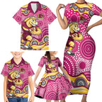 Brisbane Broncos Family Matching Short Sleeve Bodycon Dress and Hawaiian Shirt Aboriginal Dot Pattern - Rugby Mascot Heritage Pride