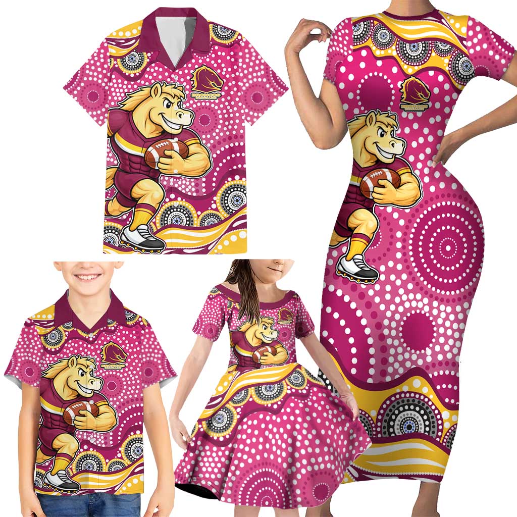 Brisbane Broncos Family Matching Short Sleeve Bodycon Dress and Hawaiian Shirt Aboriginal Dot Pattern - Rugby Mascot Heritage Pride