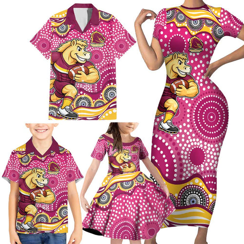 Brisbane Broncos Family Matching Short Sleeve Bodycon Dress and Hawaiian Shirt Aboriginal Dot Pattern - Rugby Mascot Heritage Pride