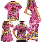 Brisbane Broncos Family Matching Short Sleeve Bodycon Dress and Hawaiian Shirt Aboriginal Dot Pattern - Rugby Mascot Heritage Pride