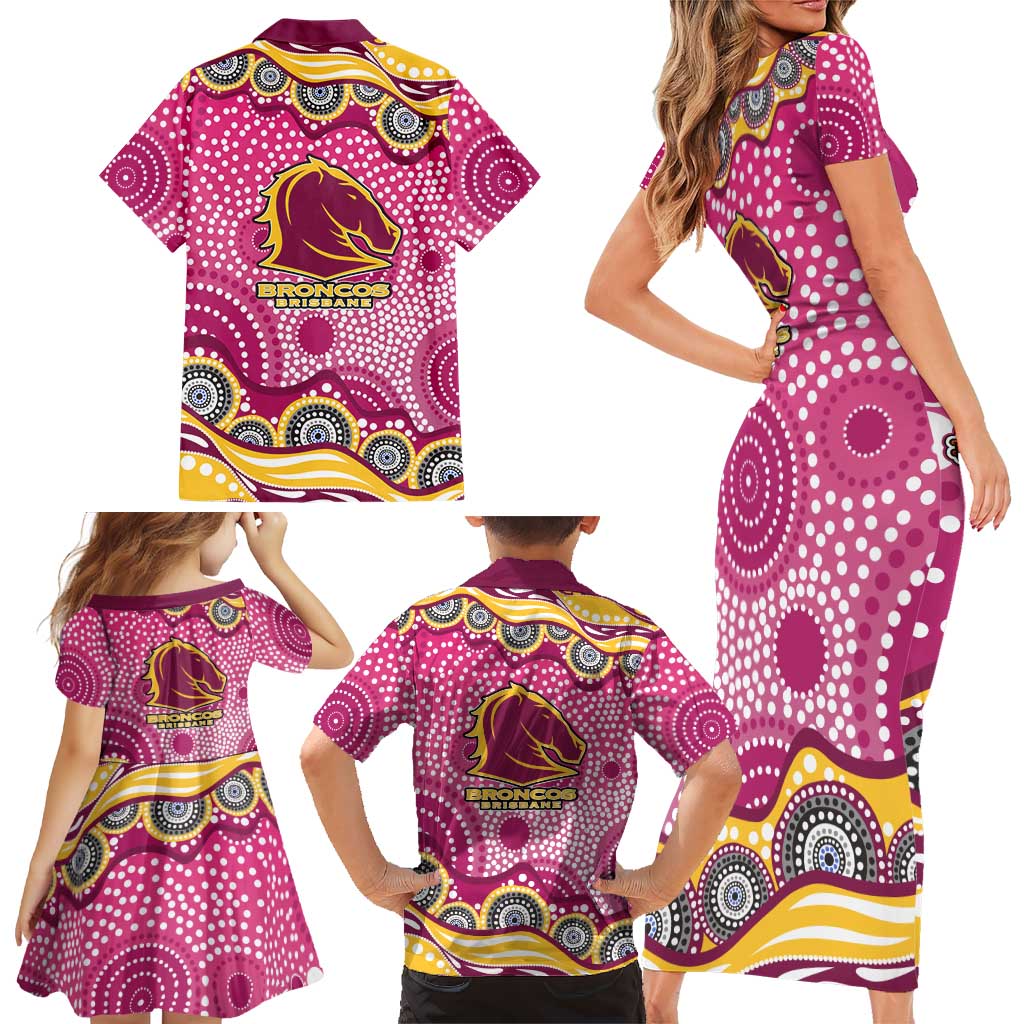 Brisbane Broncos Family Matching Short Sleeve Bodycon Dress and Hawaiian Shirt Aboriginal Dot Pattern - Rugby Mascot Heritage Pride