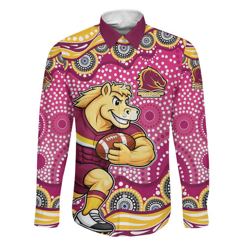 Brisbane Broncos Family Matching Short Sleeve Bodycon Dress and Hawaiian Shirt Aboriginal Dot Pattern - Rugby Mascot Heritage Pride