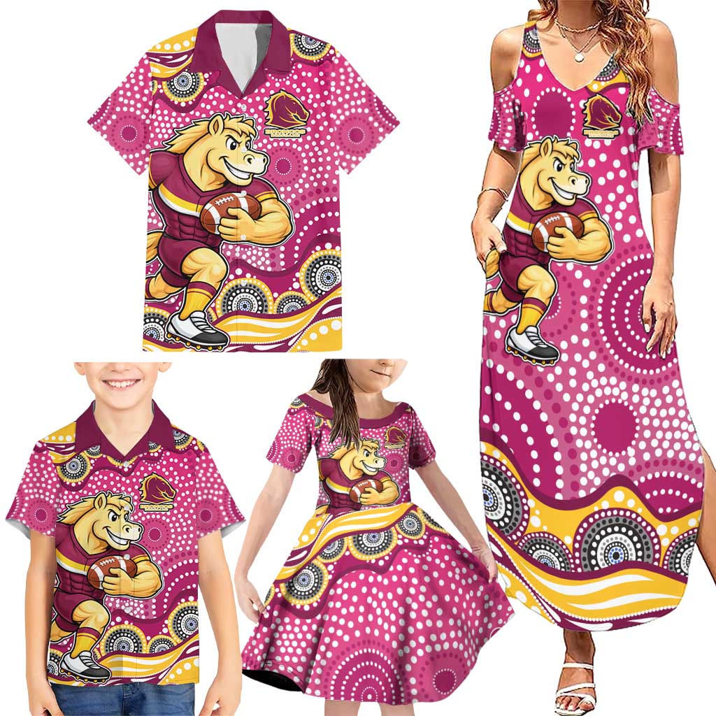 Brisbane Broncos Family Matching Summer Maxi Dress and Hawaiian Shirt Aboriginal Dot Pattern - Rugby Mascot Heritage Pride