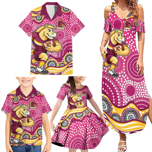 Brisbane Broncos Family Matching Summer Maxi Dress and Hawaiian Shirt Aboriginal Dot Pattern - Rugby Mascot Heritage Pride