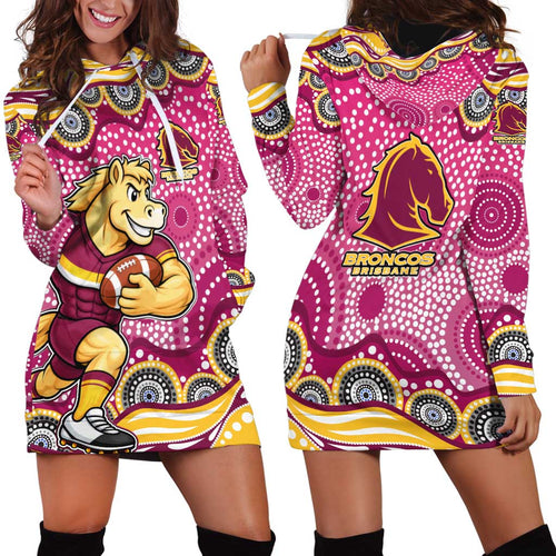 Brisbane Broncos Hoodie Dress Aboriginal Dot Pattern - Rugby Mascot Heritage Pride