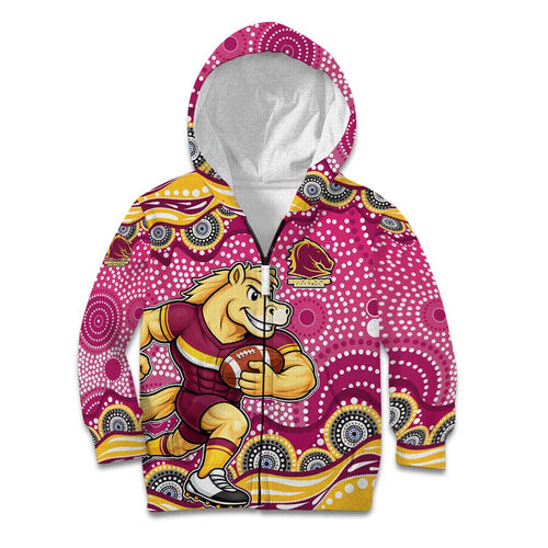Brisbane Broncos Kid Hoodie Aboriginal Dot Pattern - Rugby Mascot Heritage Pride