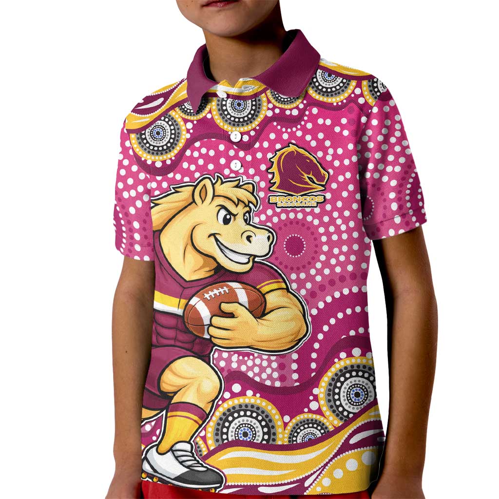Brisbane Broncos Kid Polo Shirt Aboriginal Dot Pattern - Rugby Mascot Heritage Pride