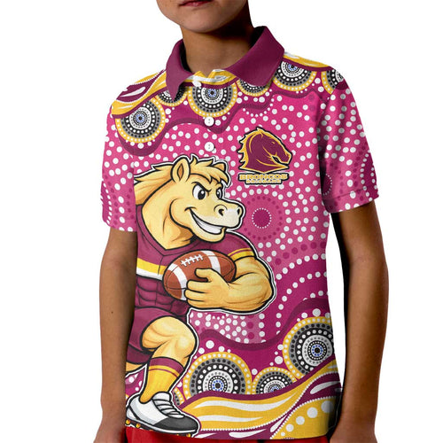 Brisbane Broncos Kid Polo Shirt Aboriginal Dot Pattern - Rugby Mascot Heritage Pride