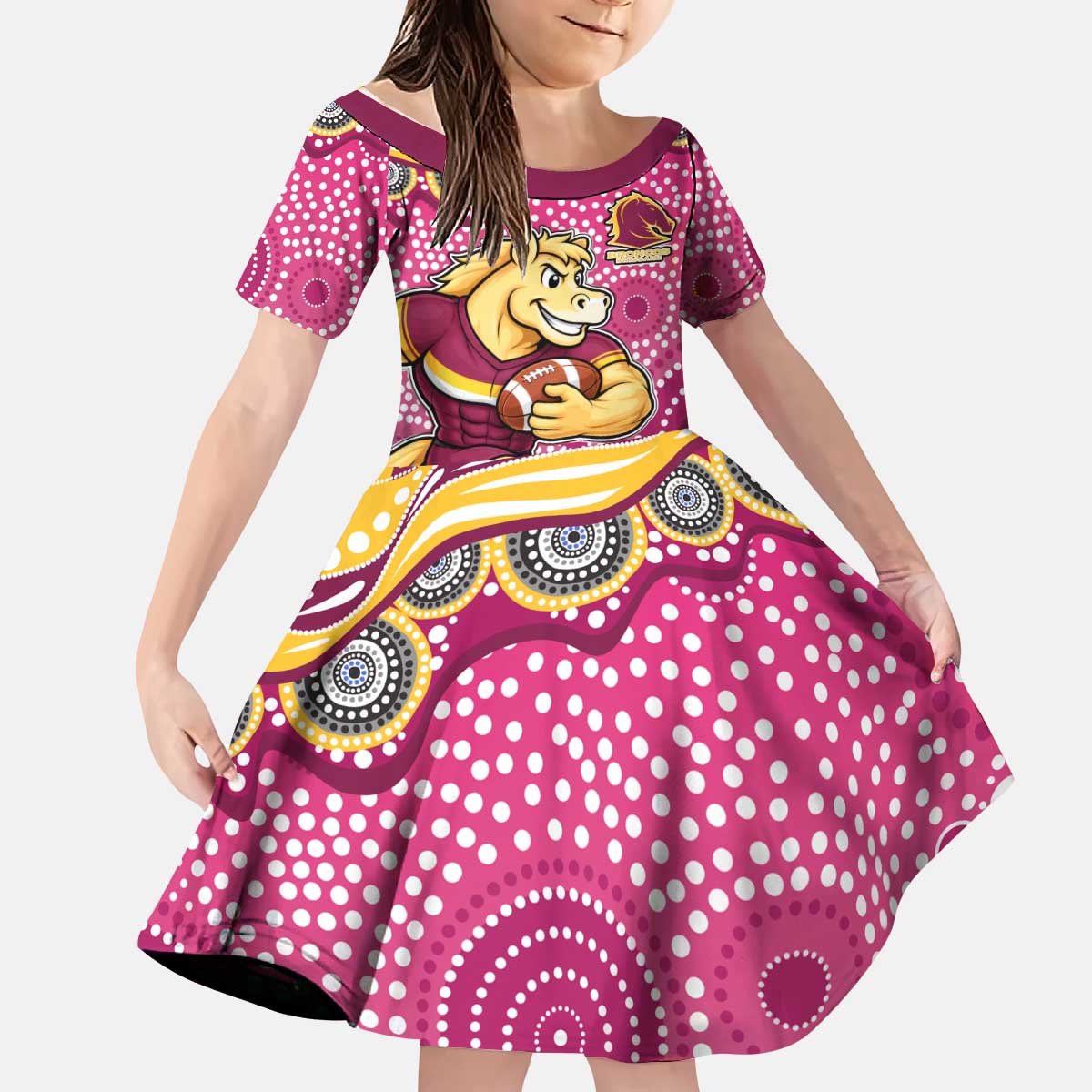 Brisbane Broncos Kid Short Sleeve Dress Aboriginal Dot Pattern - Rugby Mascot Heritage Pride