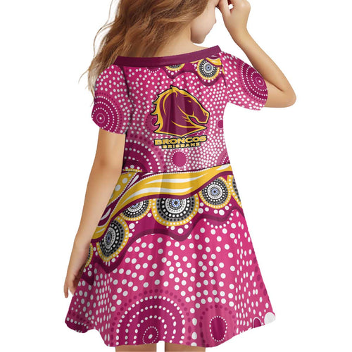 Brisbane Broncos Kid Short Sleeve Dress Aboriginal Dot Pattern - Rugby Mascot Heritage Pride