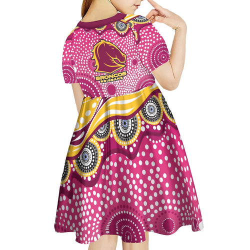 Brisbane Broncos Kid Short Sleeve Dress Aboriginal Dot Pattern - Rugby Mascot Heritage Pride