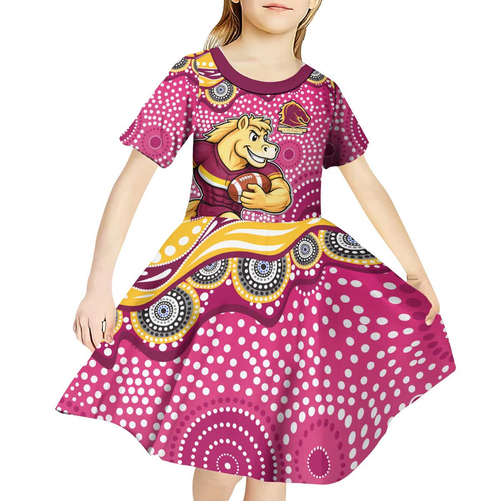 Brisbane Broncos Kid Short Sleeve Dress Aboriginal Dot Pattern - Rugby Mascot Heritage Pride