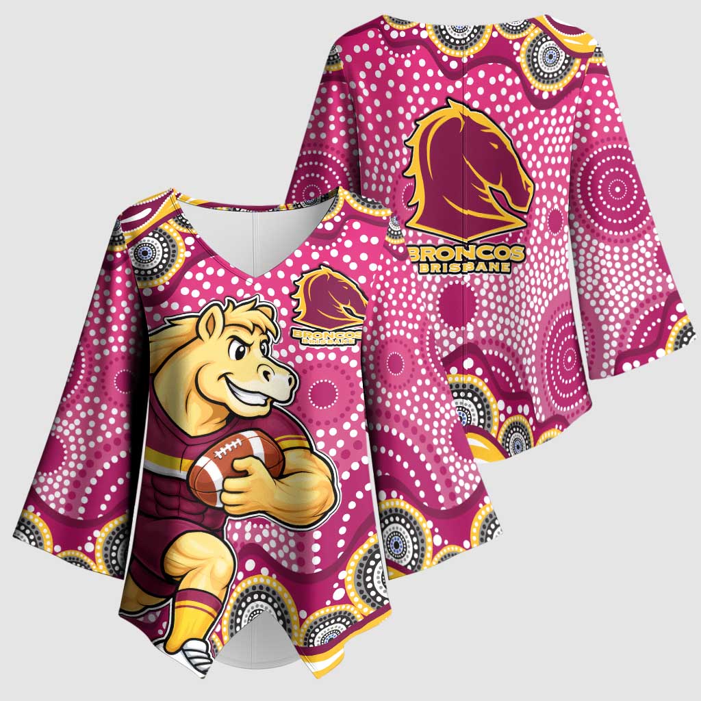 Brisbane Broncos Kimono Sleeve Blouse Aboriginal Dot Pattern - Rugby Mascot Heritage Pride