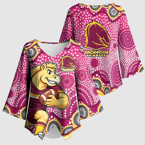Brisbane Broncos Kimono Sleeve Blouse Aboriginal Dot Pattern - Rugby Mascot Heritage Pride